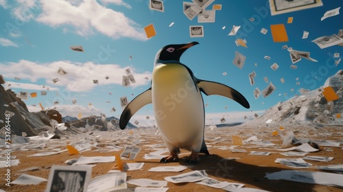 Penguin showing slides of photographs from his travels around the world