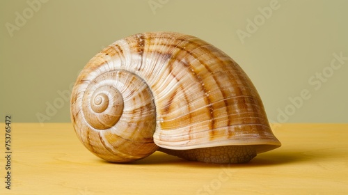  a close up of a snail's shell on top of a wooden table with a green wall in the background.