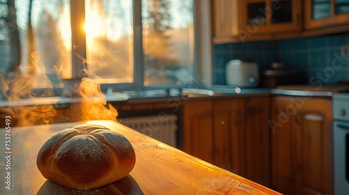  a loaf of bread sitting on top of a cutting board on top of a wooden counter next to a window.