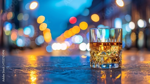  a glass of whiskey sitting on a table in front of a blurry background of a city street at night.