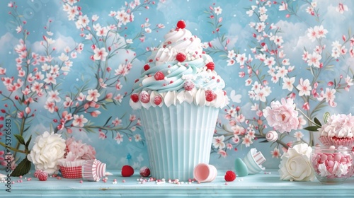  a cupcake sitting on top of a table next to a vase filled with flowers and marshmallows.