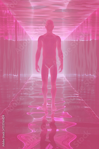 3d human, glowing wiremesh human. full body shot, standing in the pink backrooms. AI Generated photo