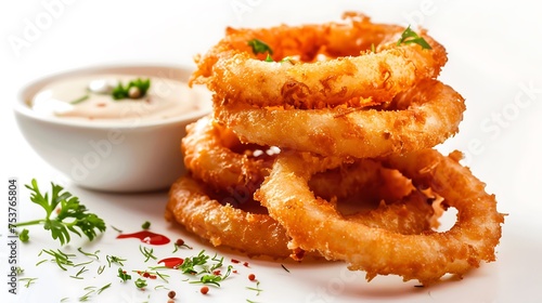 A stack of crispy onion rings with dipping sauce, on white