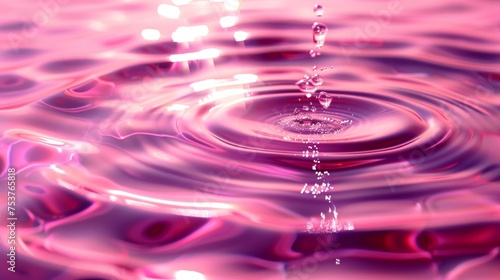  a close up of a water drop in a pool of water with a pink hued background and a drop of water coming out of the top of the water. © Ilona