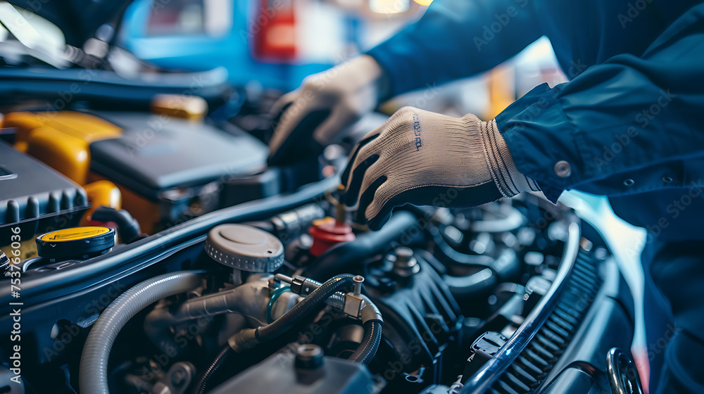 Mechanic working on car engine in garage under hood Mechanic working on car engine in garage under hood