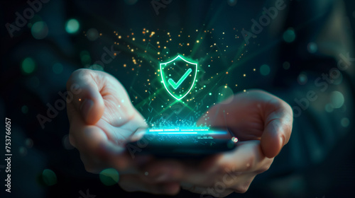 person's hands holding a smartphone with a holographic projection of a payment confirmation interface floating above it with a green shield in it. AI Generated