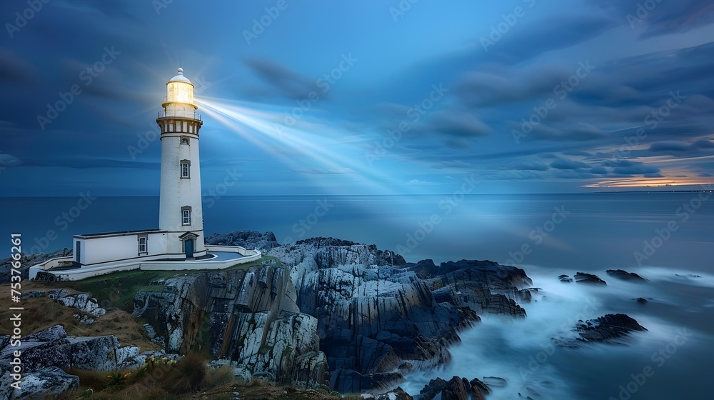 Lighthouse on Rocky Cliff overlooking Ocean at Sunset