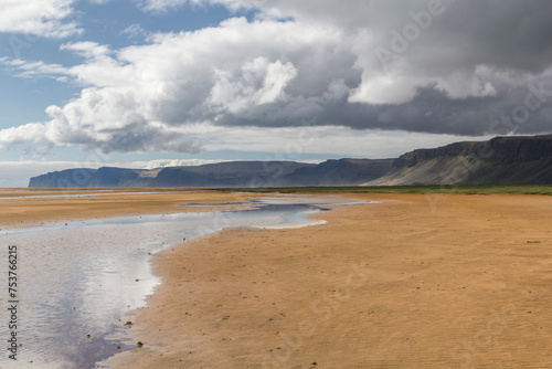 panoramic view over the low water level Rauðisandur beach in Iceland in summer 