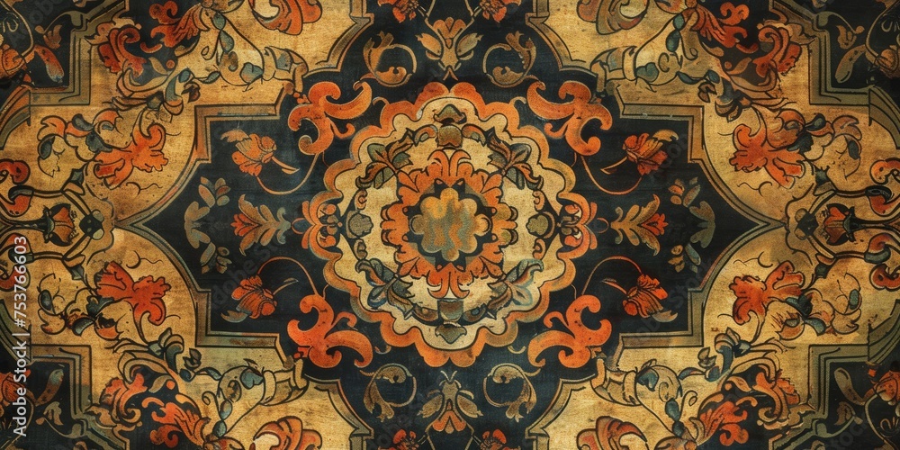 Timeless 17th Century Baroque Textile Print from Spain, Featuring Geometric Patterns in a Vintage Color Palette.