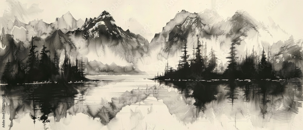 Mountain Serenity. Capturing the Tranquil Beauty of Nature with a Black and White Ink Painting Featuring Majestic Mountains, Towering Trees, and a Reflective Lake.