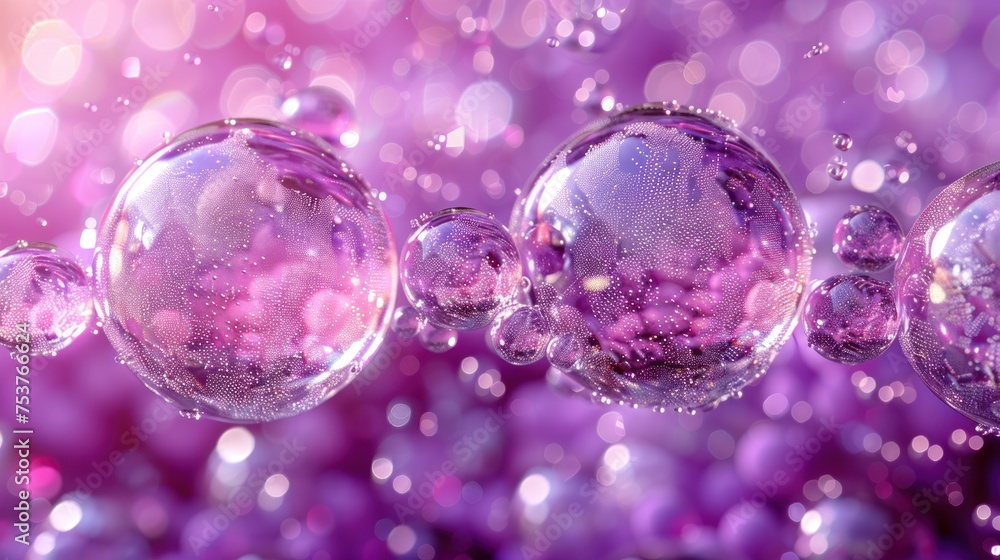 a group of soap bubbles floating on top of a purple and pink background with bubbles floating on top of each other.