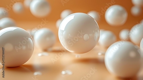 a group of white balls floating on top of a brown surface with drops of water on the bottom of them.