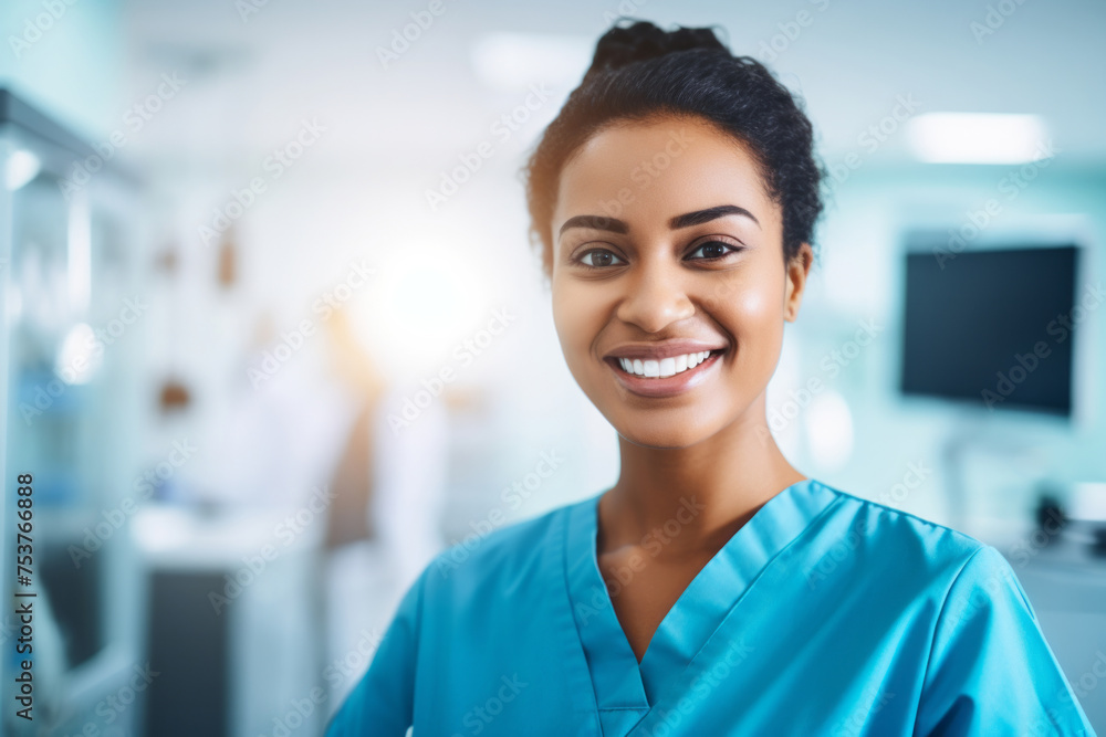 Fototapeta premium Portrait of a young afro american woman doctor medical worker in surgical clothing in an operating room, concept of surgery and professionalism in the medical field