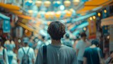 A Teenager Walking in a Dreamlike Futuristic City Market