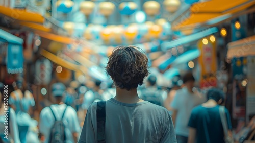 A Teenager Walking in a Dreamlike Futuristic City Market © vanilnilnilla