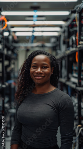 Happy and proud female african american R&D engineer facing the camera, the woman is standing in front of a rack with 3D printers. AI Generated