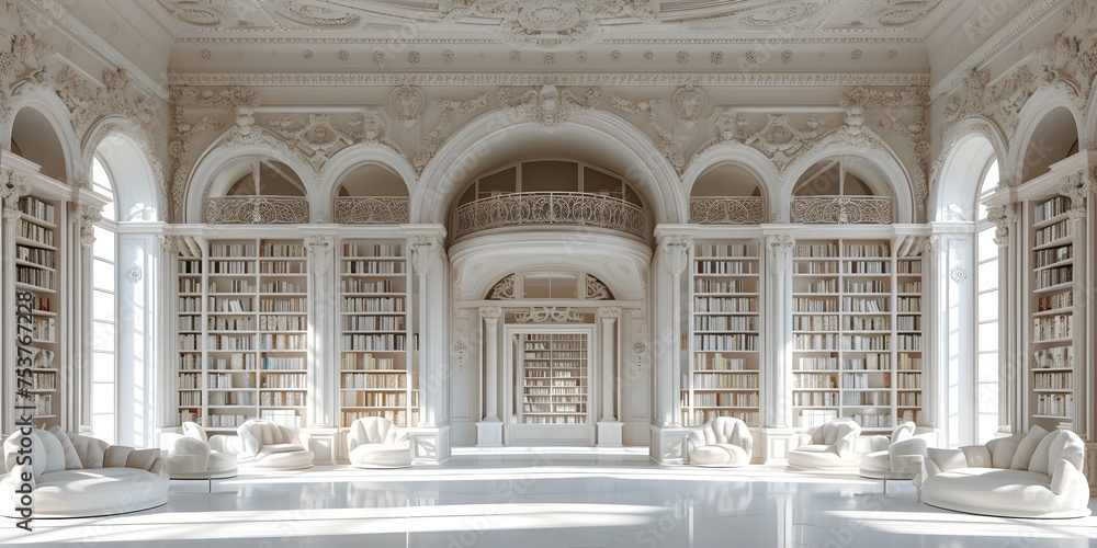 Libraryinteriorfeaturingpristinewhitebookshelvesbrimmingwithknowledgeandallure. Concept Library Decor, White Bookshelves, Knowledge & Allure