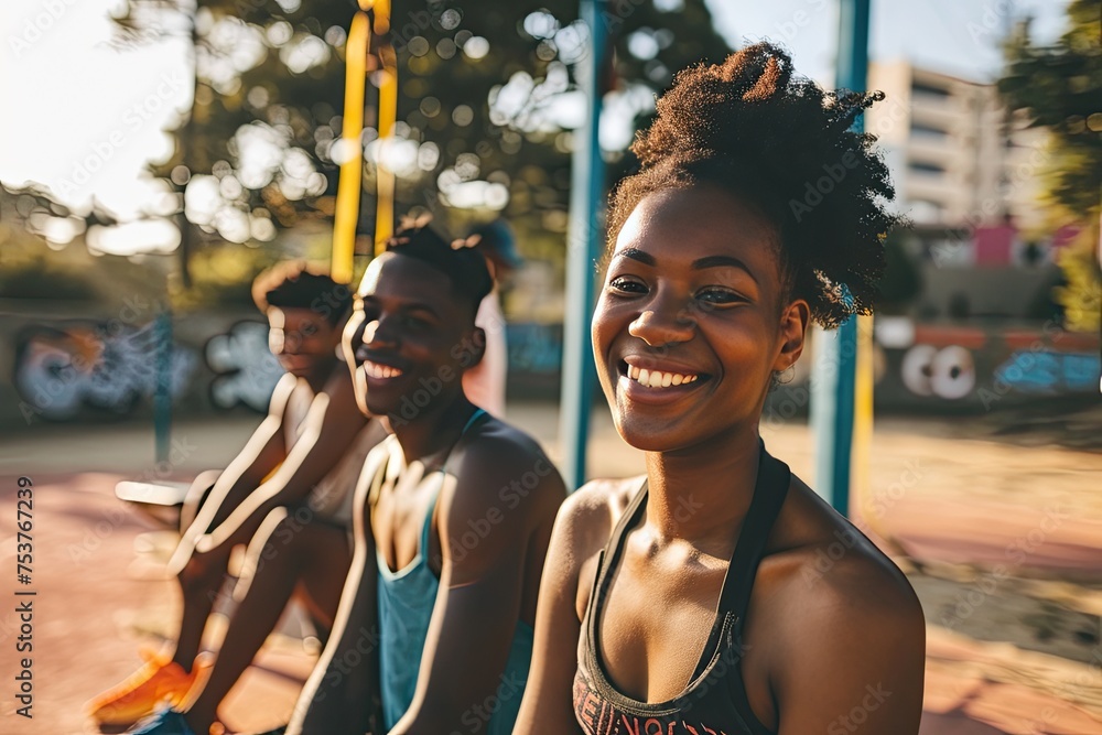 Young millennials african american friends on outdoor gym happy black people having fun together generation z - obrazy, fototapety, plakaty 