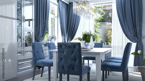 Interior design of modern dining room with blue furniture and white table