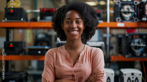 Happy and proud female african american R&D engineer facing the camera, the woman is standing in front of a rack with 3D printers. AI Generated