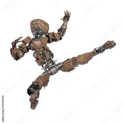 robot soldier is doing a kung fu side kick jump