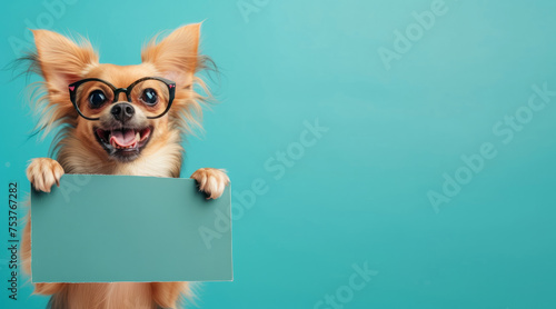 Happy adorable dog peeking out from behind a plain blank billboard banner with copyspace for text © Sunny