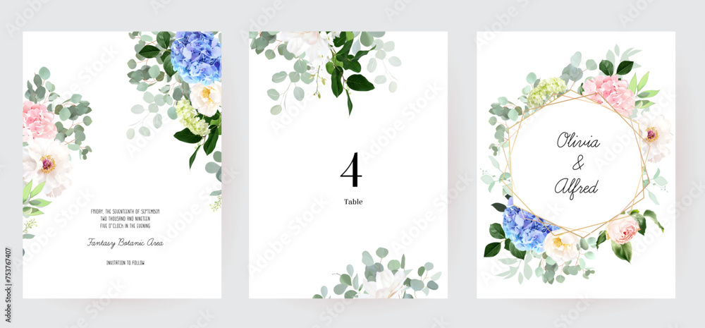 Florals and eucalyptus vector frames. Hand painted branches, hydrangea flowers on white background