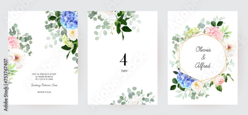 Florals and eucalyptus vector frames. Hand painted branches  hydrangea flowers on white background