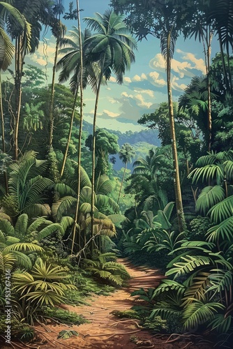 An Outstanding Painting Capturing the Rich Diversity of a Tropical Forest  with Lush Trees and Bushes in Abundance.
