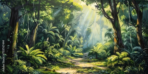An Outstanding Painting Capturing the Rich Diversity of a Tropical Forest  with Lush Trees and Bushes in Abundance.