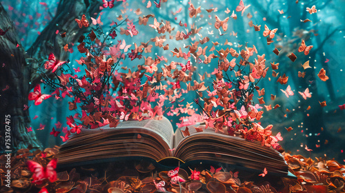 Magical Open Book in Autumn Setting, Knowledge and Nature, Fantasy Literature Concept