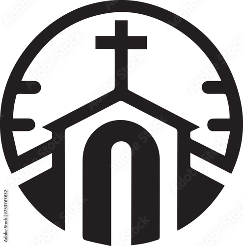 Logo of a church featuring a cross and church building, Church emblem showcasing a cross and church structure