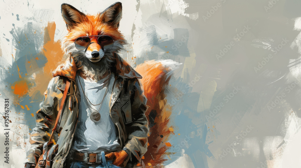 Obraz premium a painting of a red fox wearing a leather jacket and jeans, with a white t - shirt underneath it.
