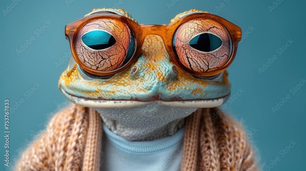 a close up of a frog's face with large, round, orange, and blue goggles on.
