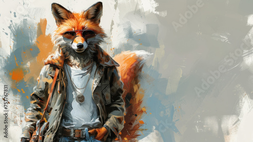 a painting of a red fox wearing a leather jacket and jeans, with a white t - shirt underneath it. photo