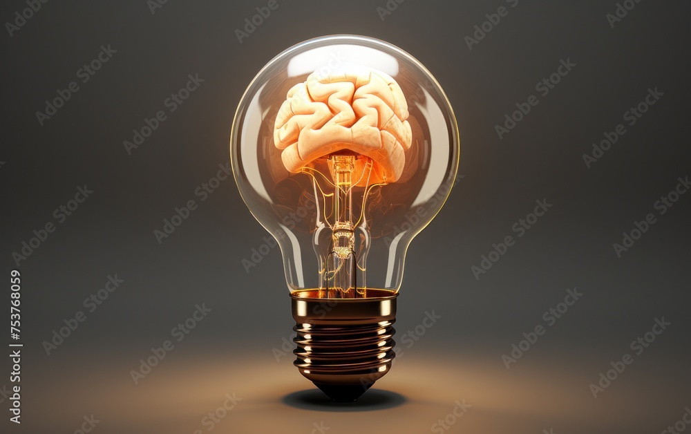 Un cerveau à l'intérieur d'une ampoule allumée sur fond gris, image avec espace pour texte. Un cerveau à l'intérieur d'une ampoule allumée sur fond gris, image avec espace pour texte.