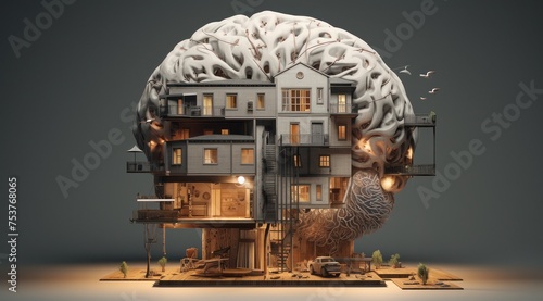 Maison d'habitation et intelligence artificielle, un cerveau artificiel au sommet d'une maison. photo