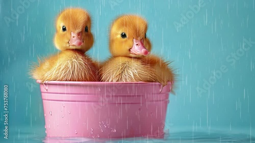 Deux poussins dans un seau rose sur l'eau