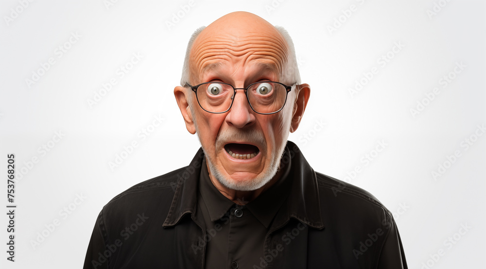 Portrait d'un homme senior surpris, étonné, portant des lunettes, sur fond blanc, image avec espace pour texte. Portrait d'un homme senior surpris, étonné, portant des lunettes, sur fond blanc, image avec espace pour texte.