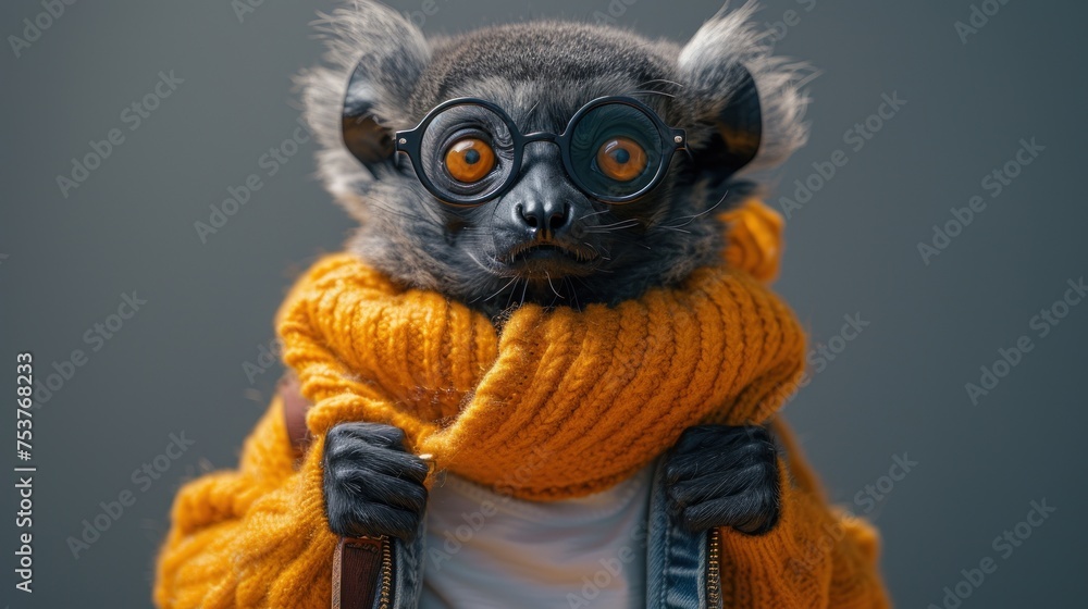 a close up of a person wearing a sweater and goggles with a small animal wearing a scarf around his neck. a close up of a person wearing a sweater and goggles with a small animal wearing a scarf around his neck.