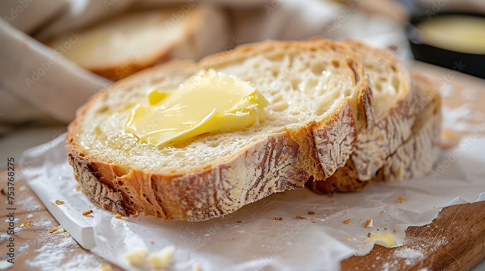 A slice of freshly baked bread with butter, on white