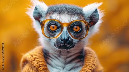 a close up of a small animal with glasses on it s face and a sweater around it s neck.