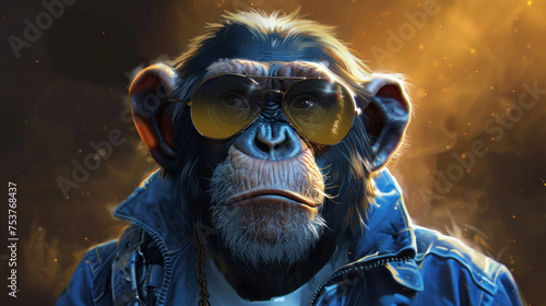 a painting of a monkey with glasses on it's face and a blue jacket on it's shoulders.