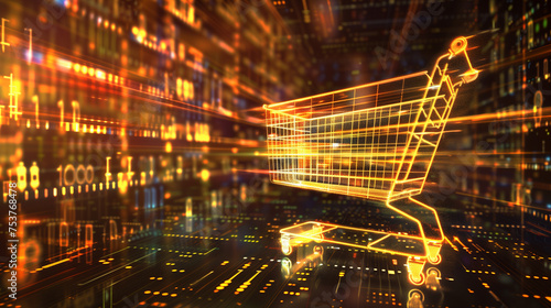 abstract concept of shopping cart, e-commerce, in multicolor light, on a digital background, in the style of dark yellow and dark gold. AI Generated