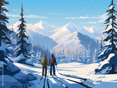 2d illustration of snowboarders standing and looking at the pine forest and mountains in front of them. 
