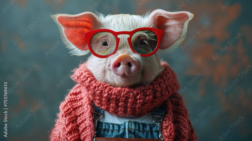 a small pig with red glasses and a scarf around it's neck, wearing a red sweater and a red scarf around its neck.