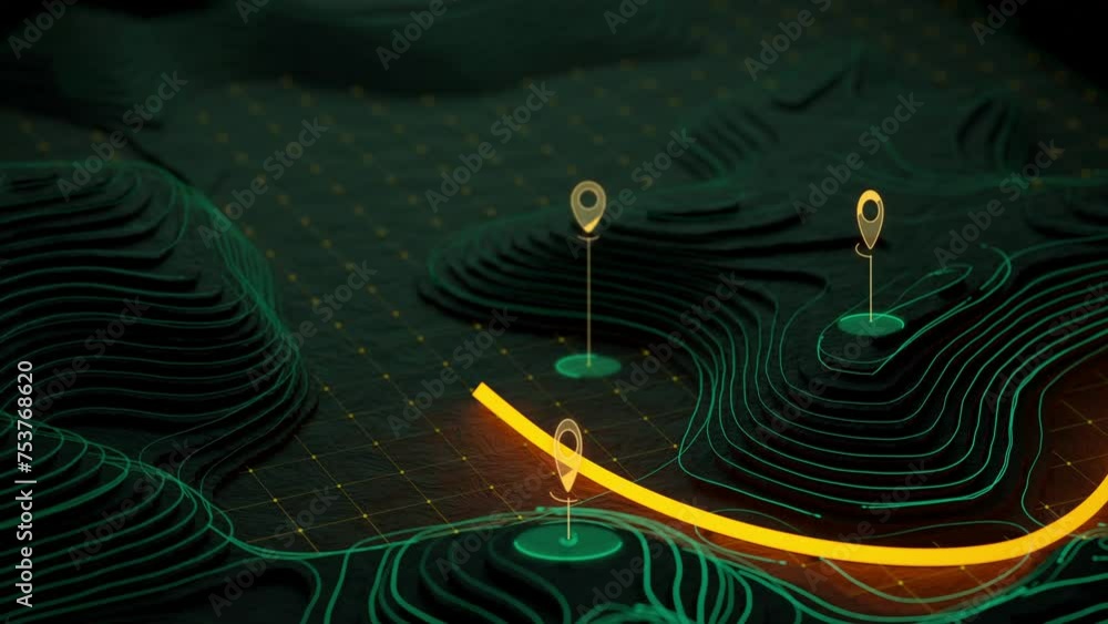3D Topography Landscape with path. HUD relief data. Digital terrain navigation map with location points.