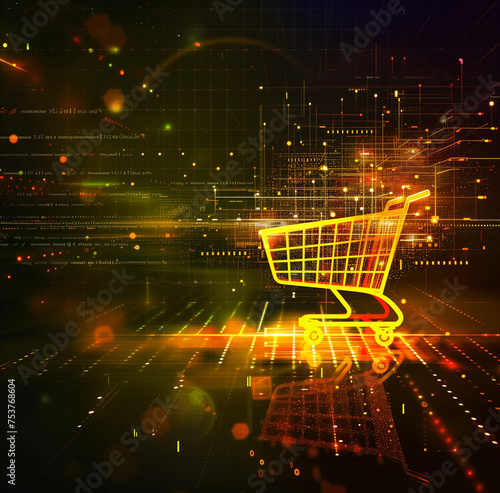 abstract concept of shopping cart, e-commerce, in multicolor light, on a digital background, in the style of dark yellow and dark gold. AI Generated