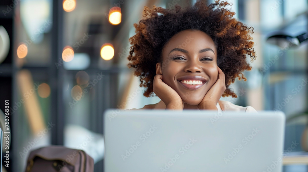 Advertorial shot, Happy and relieved business woman behind laptop, rays of sunshine caress his face. AI Generated Advertorial shot, Happy and relieved business woman behind laptop, rays of sunshine caress his face. AI Generated