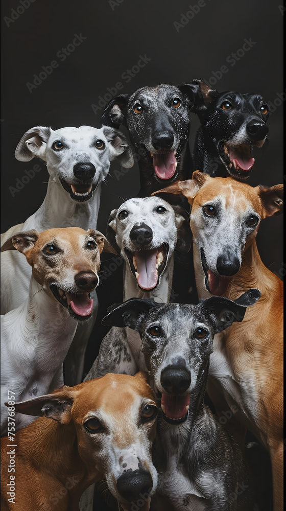 portrait group of white, light gray, dark gray, brown and mixed colors greyhounds smiling. portrait group of white, light gray, dark gray, brown and mixed colors greyhounds smiling.